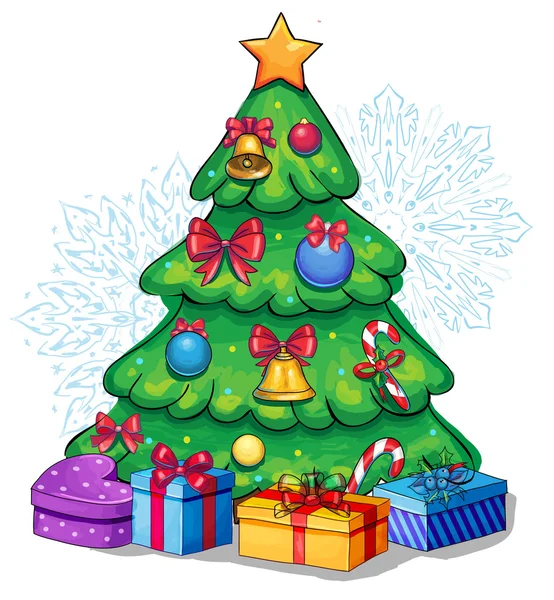 Smiling cute Christmas tree with gift — Stock Vector © clairev #2260607