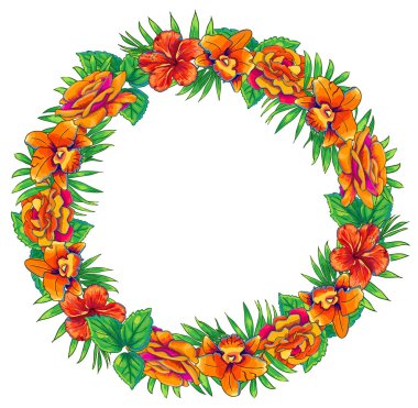 Vector Love round frame with orchid, hibiscus and rose flowers o
