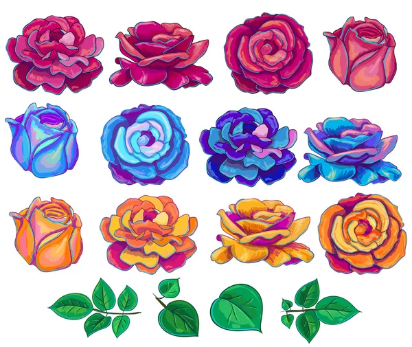 Ilustração vetorial com rosas de folhas azuis, vermelhas, amarelas e verdes — Vetor de Stock