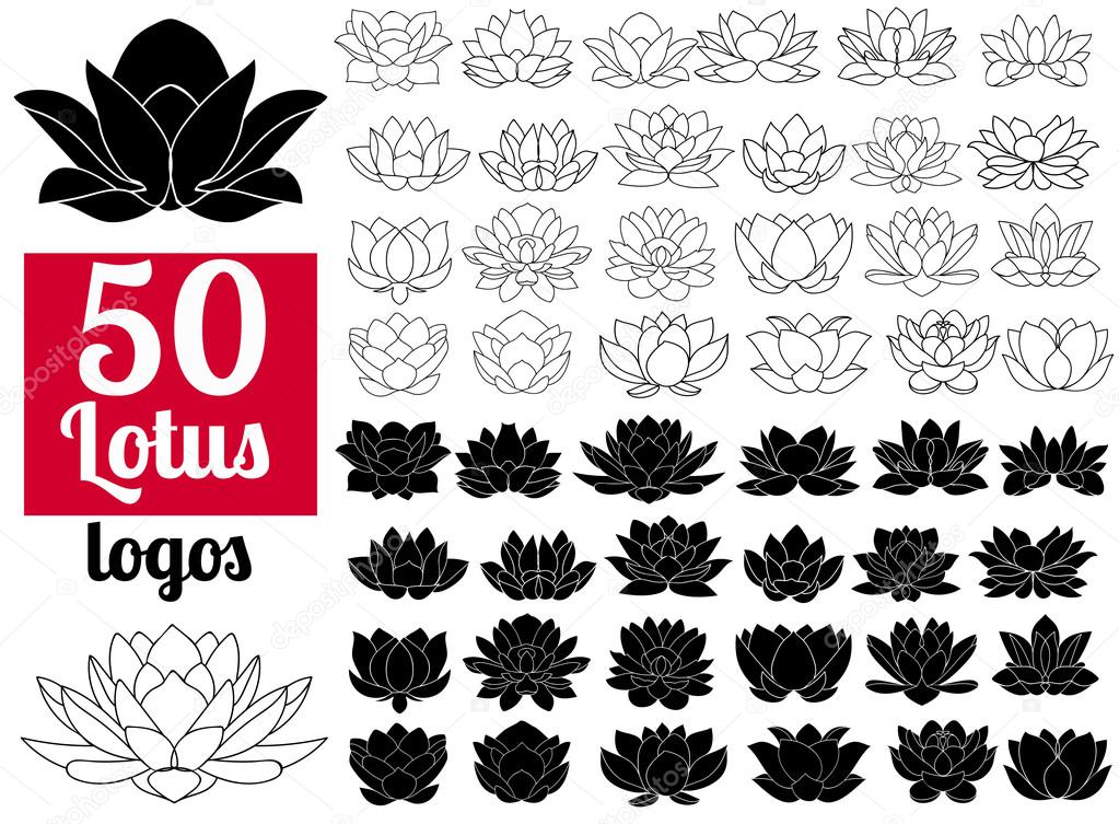 Lotus flowers black and white silhouettes, flat icons. Set 50 fifty vector hand drawn lotos flower logo illustrations isolated on white backgroun