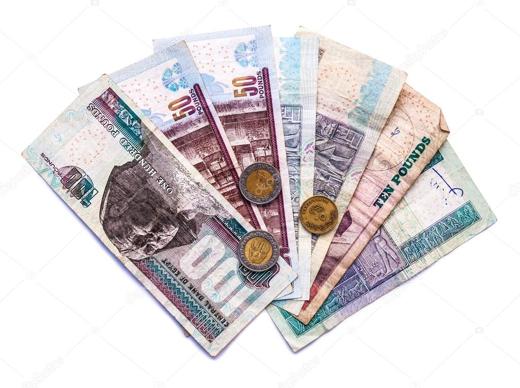 Money from Egypt, pound banknotes and coins, egyptian money fina