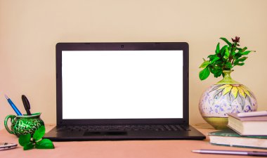 Laptop computer mock up with beautiful islamic style vases and p
