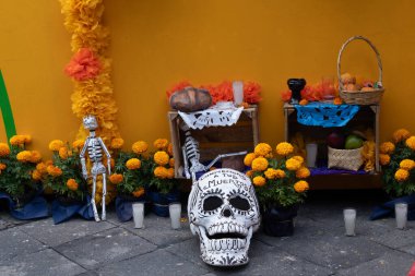 Bir iskelet portakal çiçekleri ve bir sepet meyveyle birlikte bir duvarın önünde sergileniyor. Meksika Ölüler Günü geleneği, adaklar, yemek, renkler, dekorasyonlar ve papel picado, La Catrina.