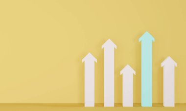 Kalabalıktan göze çarpan üç boyutlu tasvir ve farklı bir konsept. Mavi ok sarı arka plandaki kalabalıktan dikkat çekiyor. Üç boyutlu çizim. 3 boyutlu illüstrasyon. Asgari biçim.