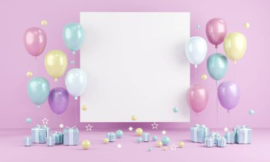 3D yorumlama konsepti davetiye doğum günü kartı ya da reklam için. Yazı için boş kopya alanı ve arka planda hediyeler olan pastel temalı balonlar. Üç boyutlu çizim. 3B illüstrasyon.