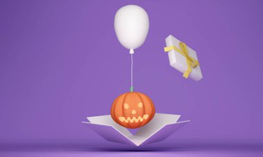 Cadılar Bayramı olayının arka planında beyaz hediye kutusunun 3 boyutlu canlandırması balkabağı ve balon. Üç boyutlu çizim. 3B illüstrasyon.