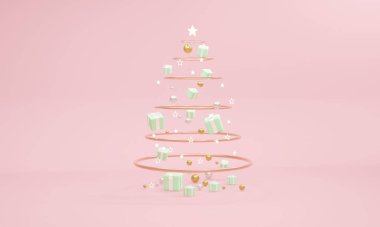 Üç boyutlu, soyut Noel ağacı yaratıcı fikri. Pembe arka planda Noel ağacı şeklinde Noel elementleri