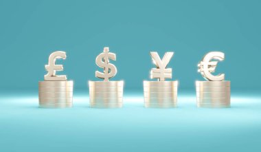 Üç boyutlu para birimi tasarımı kavramı. Arka plandaki madeni para yığınının üzerindeki fiat para birimi sembolleri. Dolar, pound, euro, japan yen sembolleri. Üç boyutlu çizim. 3d illüstrasyon.