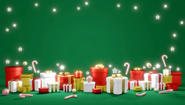 Renderelés Koncepciója Karácsonyi Háttér Ajándék Dobozok Cukorka Doboz Fényes Csillagok — Stock Fotó