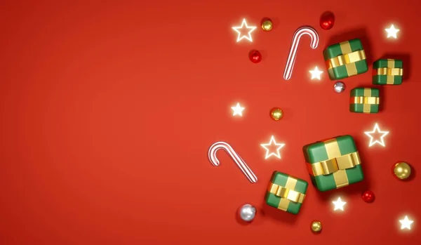 Renderelés Koncepciója Karácsonyi Háttér Top Kilátás Nyúzott Laikus Ajándékdobozok Cukorka — Stock Fotó