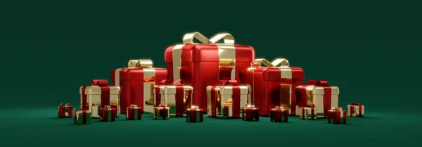 Renderelés Koncepciója Karácsonyi Banner Realisztikus Piros Arany Ajándékdobozok Szöveges Szöveggel — Stock Fotó