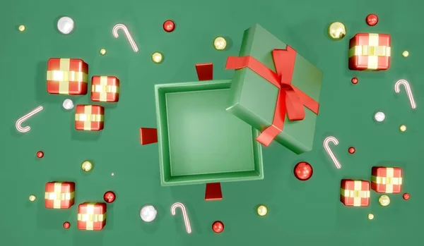 クリスマスギフトの背景の3Dレンダリングの概念 フラットレイアウトは 背景に小さな贈り物 キャンディー缶や装飾品と内部の空白のスペースを示すトップビューのギフトボックスを開きました 3Dレンダリング 3Dイラスト — ストック写真