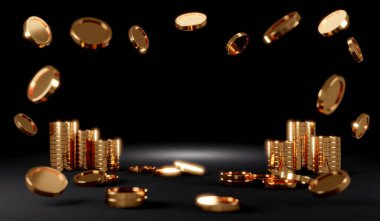 Siyah arkaplandaki yazı için yeri olan üç boyutlu altın sikke sahneleme kavramı. 3 boyutlu görüntüleme. 3B illüstrasyon.