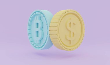 Bitcoin sembollü 3D rending coin, dolar sembollü ve mor arkaplan kavramı ile şifrelenmiş para ve fiat para. Üç boyutlu çizim. 3d illüstrasyon.