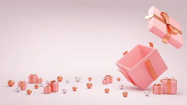 3 boyutlu sunum konsepti. Hediye kutusu ticari tasarım için küçük hediyeler ve elementlerle açılır. Sevgililer günü, anneler günü geçmişi. Üç boyutlu çizim. Üç boyutlu illüstrasyon. Pembe tema.