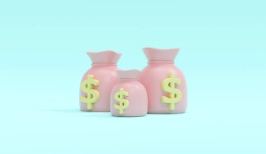 Üç boyutlu para birimi tasarımı kavramı. Pastel fiat para çantası. Arka planda bize dolar sembolü var. Üç boyutlu çizim. 3d illüstrasyon.