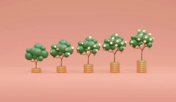 Рендеринг Вирощування Грошового Дерева Влаштовує Маленькі Великих Стосів Монети Фоні — стокове фото