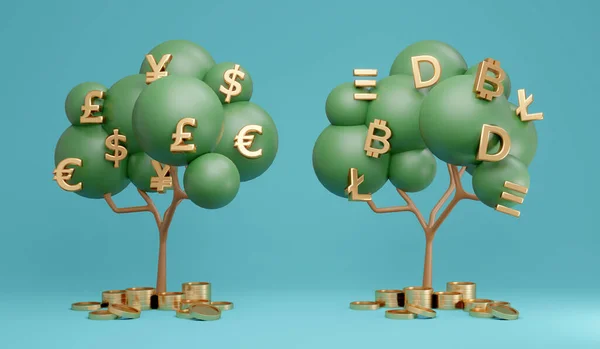 Concepto Representación Comparación Monedas Dinero Árbol Moneda Fiat Árbol Criptomoneda — Foto de Stock