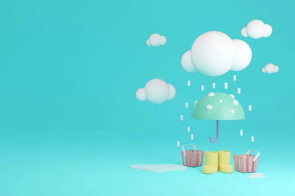 雨季の3Dレンダリングの概念は ショッピング 雨の中で傘やバスケットと雨のブーツは 商業デザインのためのテキストのためのスペースを背景に 最小限のピンクのテーマ 3Dレンダリング 3Dイラスト — ストック写真