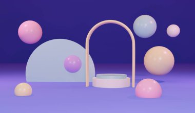 Podyum, küp, küre, eğri, torus, koni ve silindir ile üç boyutlu en az karışık geometrik şekiller oluşturma sahnesi. Ürün sunumu için pastel renkler sahnesi. Asgari 3d oluşturma.