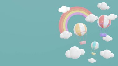 Gökyüzünde 3 boyutlu sıcak hava balonu gökkuşağı ve bulut çizimi. 3 Boyutlu Resim Çizimi.