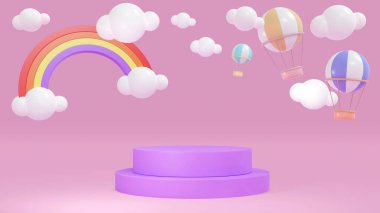 Mor renkli gökkuşağı podyumu 3D canlandırma konsepti. Ürün, gökkuşağı bulutlu podyum gösterisi sıcak hava balonları ve ticari tasarım için arka planda yıldızlar. 3 Boyutlu Resim Çizimi.