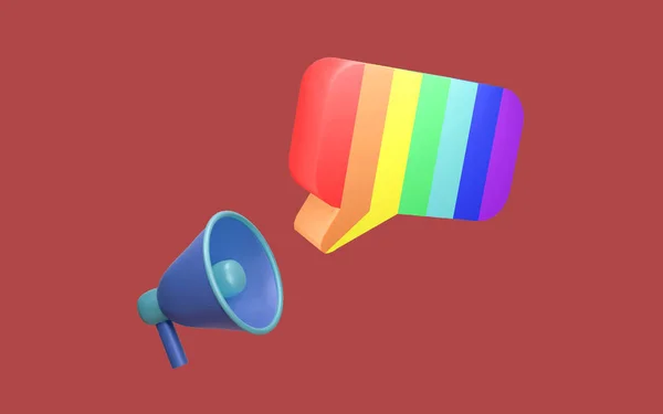 Lgbtqのシンボルとして虹色のスピーチバブルシンボルを持つメガホンの3Dレンダリングコンセプト 3Dレンダリング — ストック写真