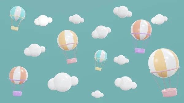 3D空に熱気球虹と雲のレンダリング 3Dレンダリングイラスト — ストック写真
