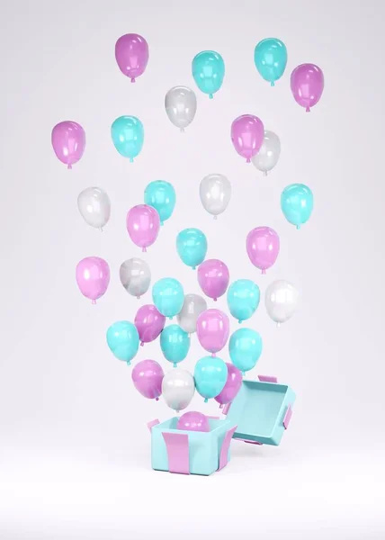 Rendering Rosa Blå Ballong Flyter Från Presentförpackning Bakgrund Begreppet Kön — Stockfoto