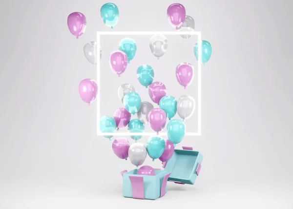 Renderizado Rosa Azul Globo Flotando Caja Regalo Con Concepto Fondo — Foto de Stock