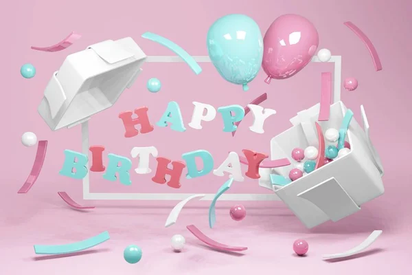 Rendering Concept Happy Birthday Realistic Blue Pink Pastel Balloons Confetti — Stock Photo, Image