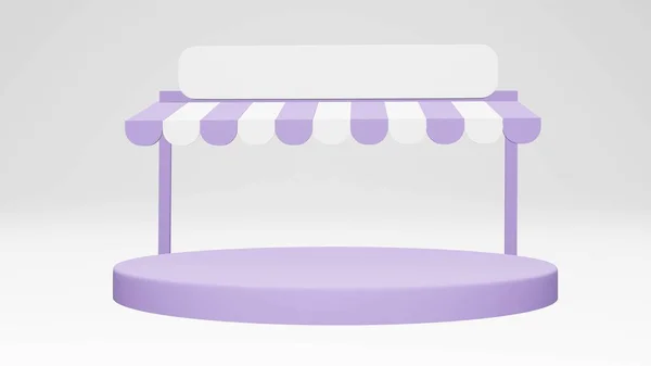 3D Rendering concept of digital marketing concept. Minimal convenience store front building with a podium isolated on background for commercial design. Purple Theme. 3D Render. 3D illustration.