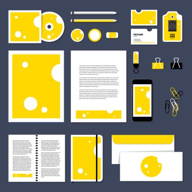 Corporate identity business set design. Vector stationery template design with Triangular piece cheese. Documentation for business.