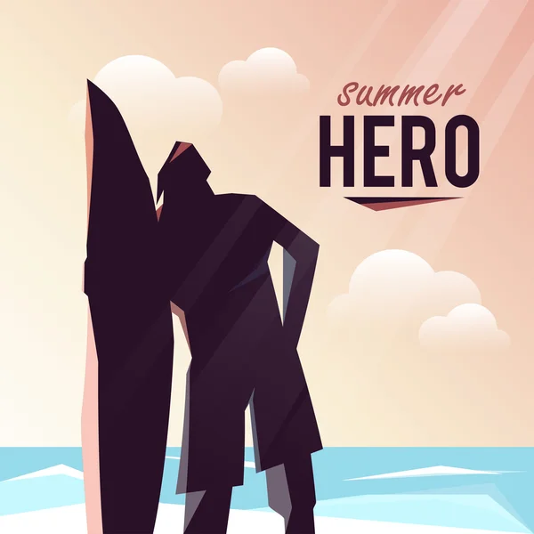 Vektor Nyári nyaralás háttér elegáns tipográfia. Sziluettjét egy szörfös, aki tartja az igazgatóság részére szörfözés. Szép nyári naplementében — Stock Vector