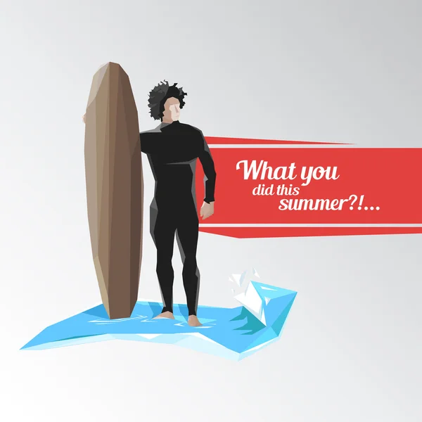 Fundo de férias de verão vetorial com tipografia elegante. Surfista mantém bordo para surfar. Belo dia de verão com sol . —  Vetores de Stock