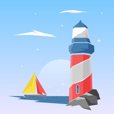 Stil tipografi ile gün batımında kıyısındaki tasarım illüstrasyon kavramlar deniz feneri. Vektör çizim. Kavramları afiş ve basılı malzemeleri Web. Modaya uygun ve güzel. Gradyan arka planı.