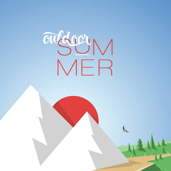 Design Illustration Concepts Mountain Summer with Style Typography (en inglés). Ilustración vectorial. Conceptos Banner web y materiales impresos. De moda y hermosa. Poligonal bajo polivinílico. Fondo de gradiente — Vector de stock