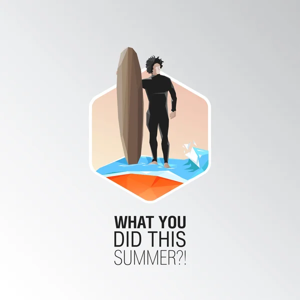 Fondo de vacaciones de verano vectorial con tipografía elegante. Surfista mantiene la tabla para el surf. Hermoso día de verano con sol . — Vector de stock