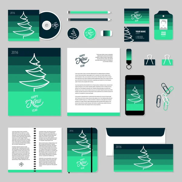 Corporate identity business set design. Vector stationery template design with christmas tree, 2016, new year elements. Documentation for business. — Wektor stockowy