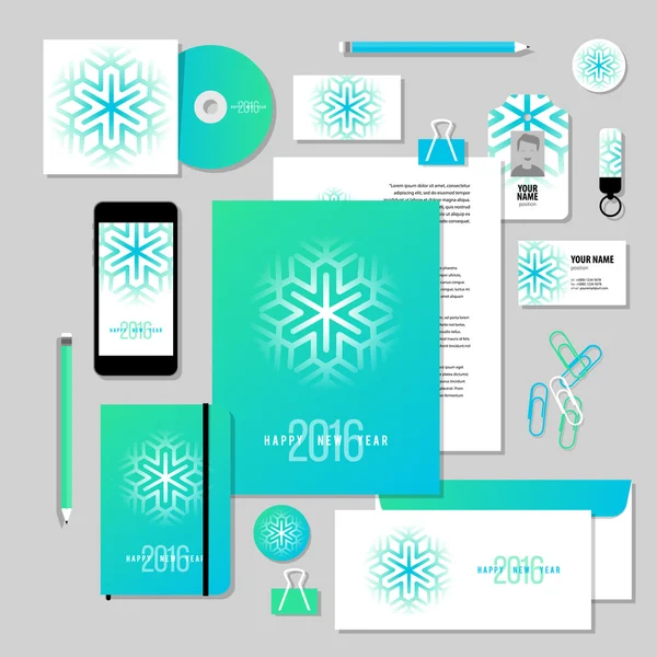 Corporate identity business set design. Vector stationery template design with new year elements, 2016, snowflake. Documentation for business. — Wektor stockowy