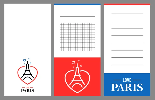 Collection of Eiffel Tower cards, notes, stickers, labels, tags with cute ornament illustrations. Template for scrapbooking, wrapping, notebooks, notebook, diary, decals, school accessories — Stok Vektör