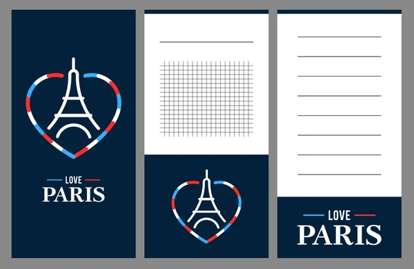 Collection of Eiffel Tower cards, notes, stickers, labels, tags with cute ornament illustrations. Template for scrapbooking, wrapping, notebooks, notebook, diary, decals, school accessories — Stok Vektör