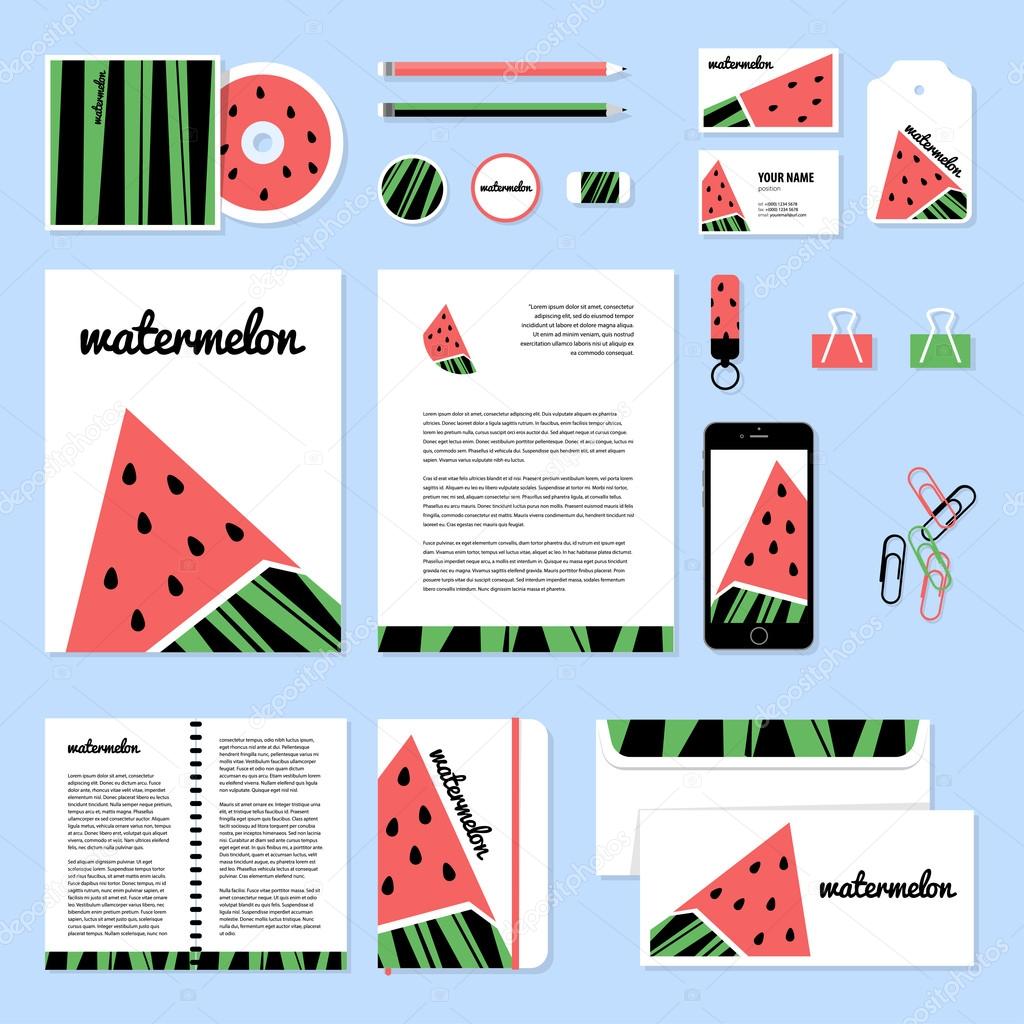 Corporate identity business set design. Vector stationery template design with watermelon elements. Documentation for business.
