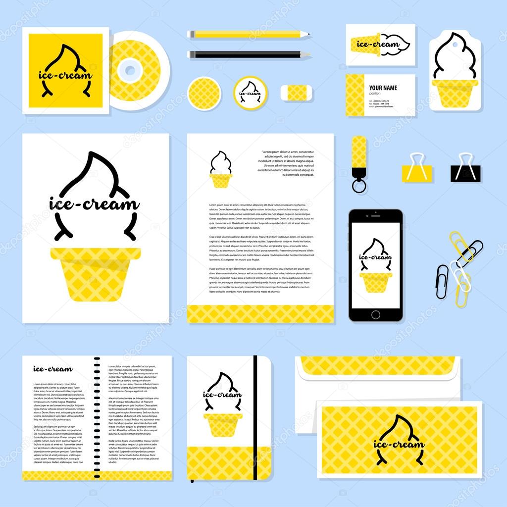 Corporate identity business set design. Vector stationery template design with ice-cream elements. Documentation for business.