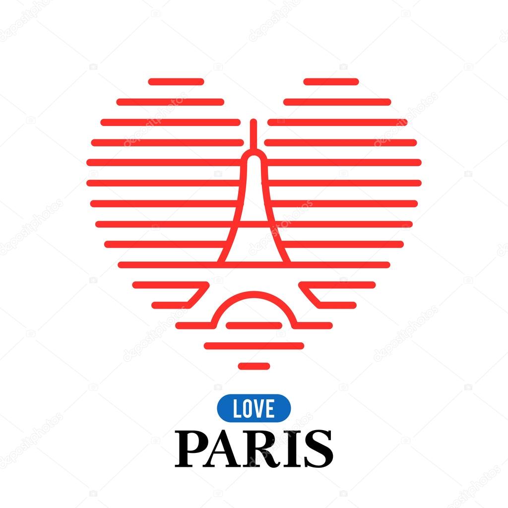 Eiffel Tower logo, national state flag of France. The heart of the lines. Vector Illustration. Concepts Web Banner and Printed Materials. Trendy and Beautiful.