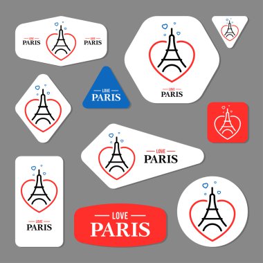 Collection of Eiffel Tower cards, notes, stickers, labels, tags with cute ornament illustrations. Template for scrapbooking, wrapping, notebooks, notebook, diary, decals, school accessories