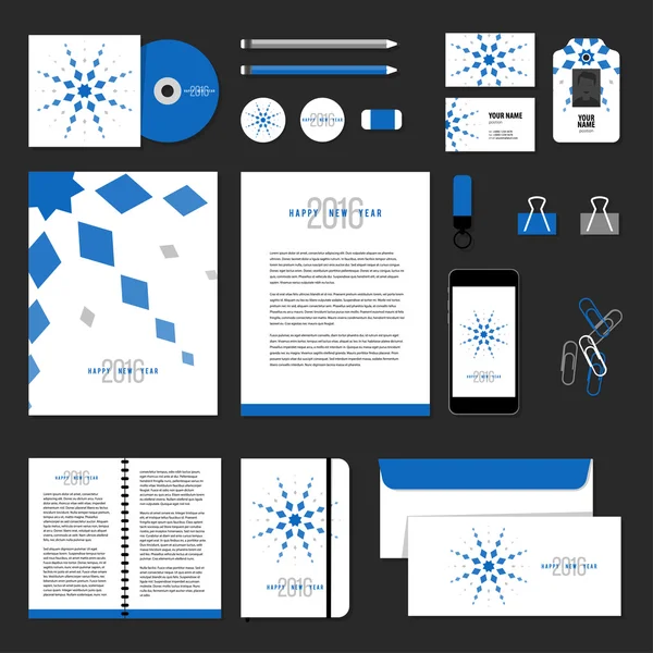Corporate identity business set design. Vector stationery template design with new year elements, 2016, snowflake. Documentation for business. — Wektor stockowy