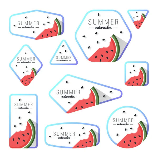 Collectie van zomer watermeloen kaarten, notities, stickers, labels, tags met schattige sieraad illustraties. Sjabloon voor scrapbooking, zeewieren, laptops, notebook, dagboek, stickers, school accessoires — Stockvector