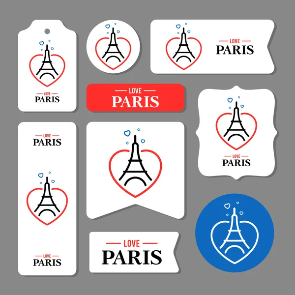 Collection of Eiffel Tower cards, notes, stickers, labels, tags with cute ornament illustrations. Template for scrapbooking, wrapping, notebooks, notebook, diary, decals, school accessories — Stok Vektör