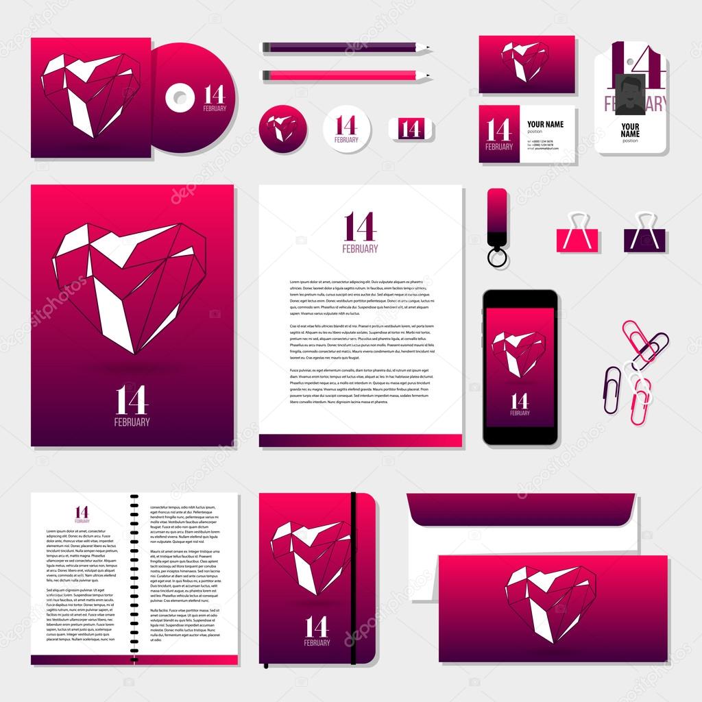 Corporate identity business set design. Vector stationery template design with valentines day elements, love, 14 february. Documentation for business.